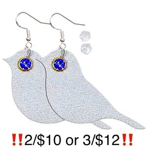 Bird Earrings Dangling Faux Leather Silver Birds Blue Jeweled Eyes Statement